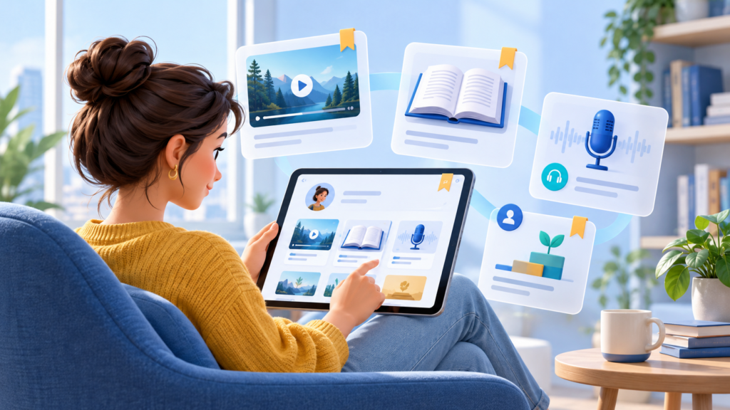 Employee exploring personalized learning content on an LXP